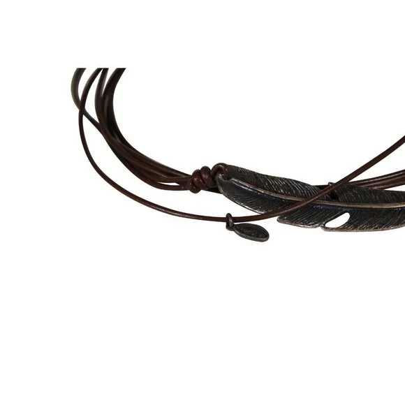 M Cohen Brown Leather Rope Feather Bracelet 925 Silver Convertible Necklace